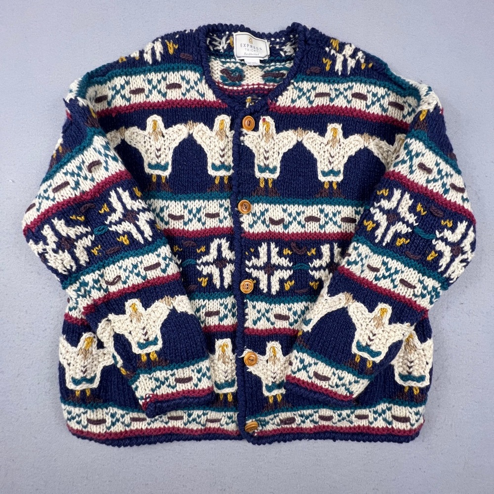 Vintage 90s Hand Knit Wool Cowichan Folkoric Style Knit Cardigan Size M/L